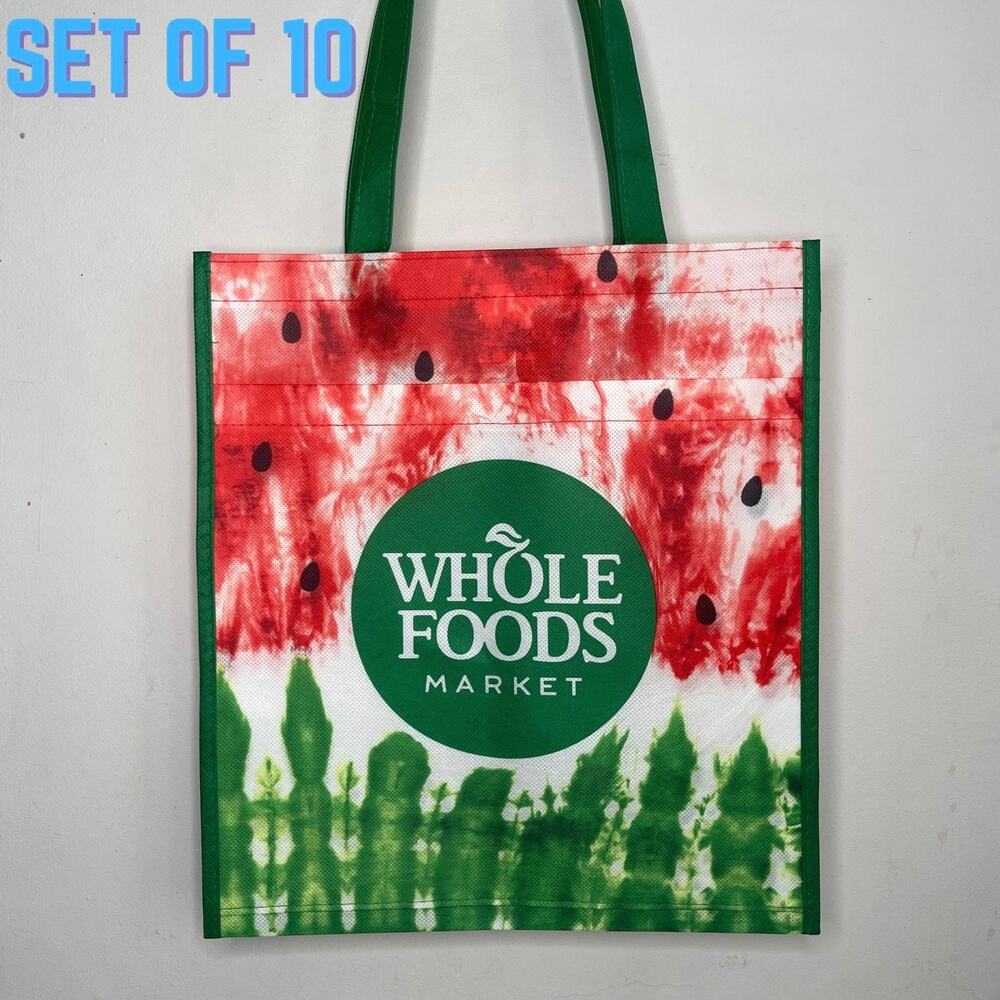 SET 10pc Whole Foods Market Watermelon Summer Reusable Grocery Shopping Tote Bag